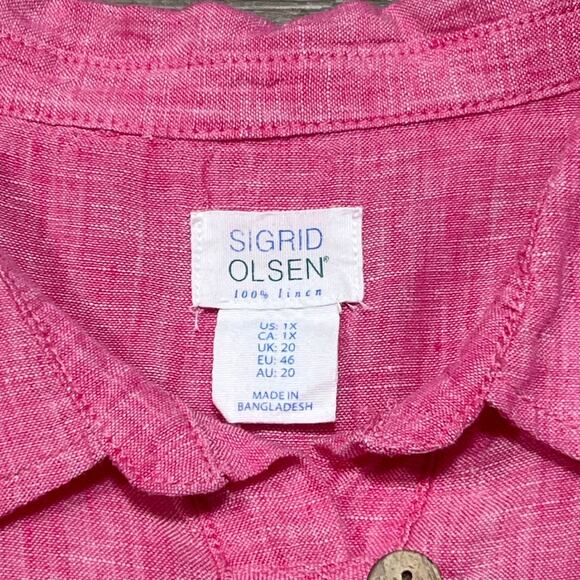 Sigrid Olsen 1X Linen Mandarin Collar Half Button Beach Tunic Top Pink Coastal - Picture 4 of 7